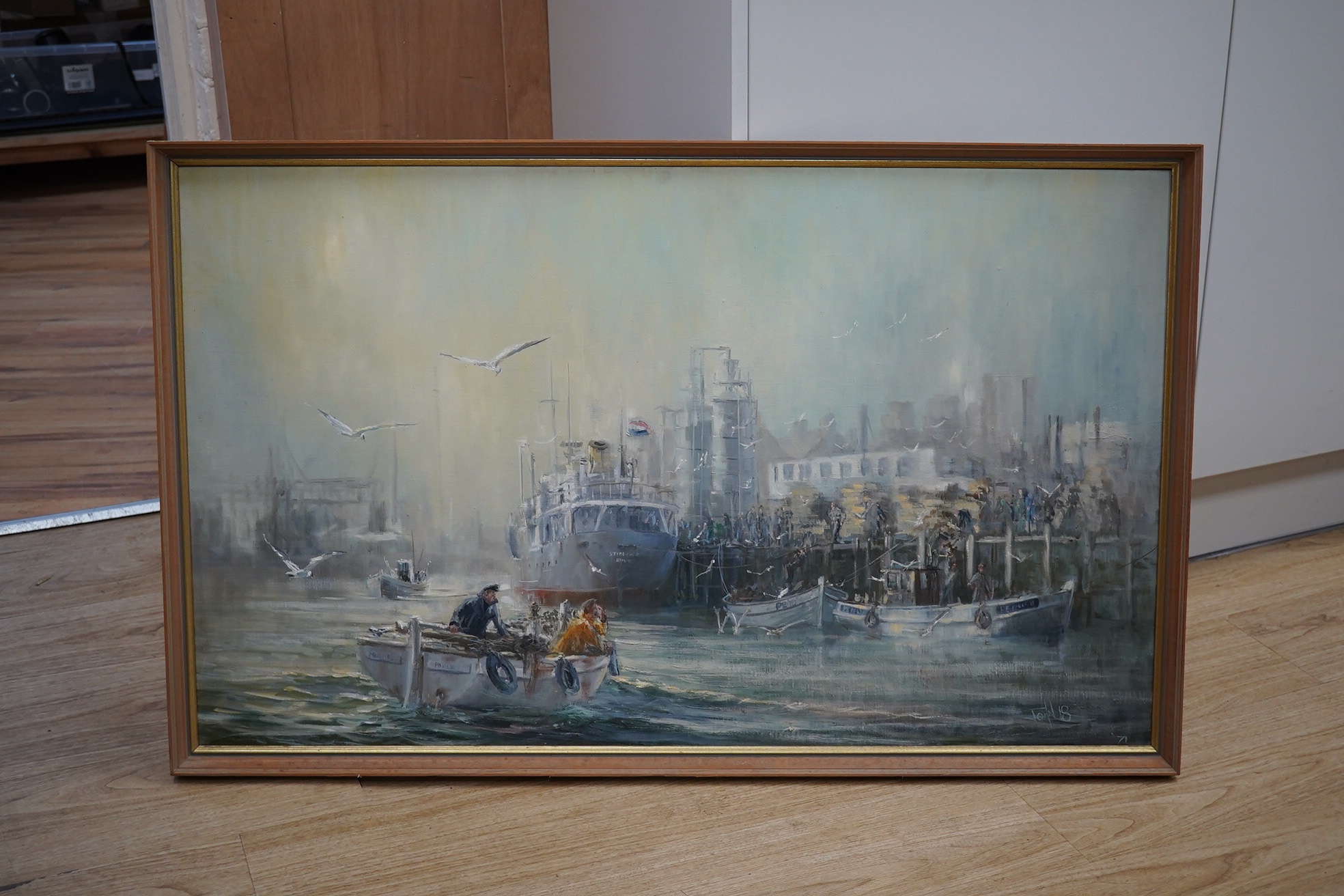 John, oil on canvas, Shipping scene with fishing boats, signed and dated '18, 60 x 100cm. Condition - good